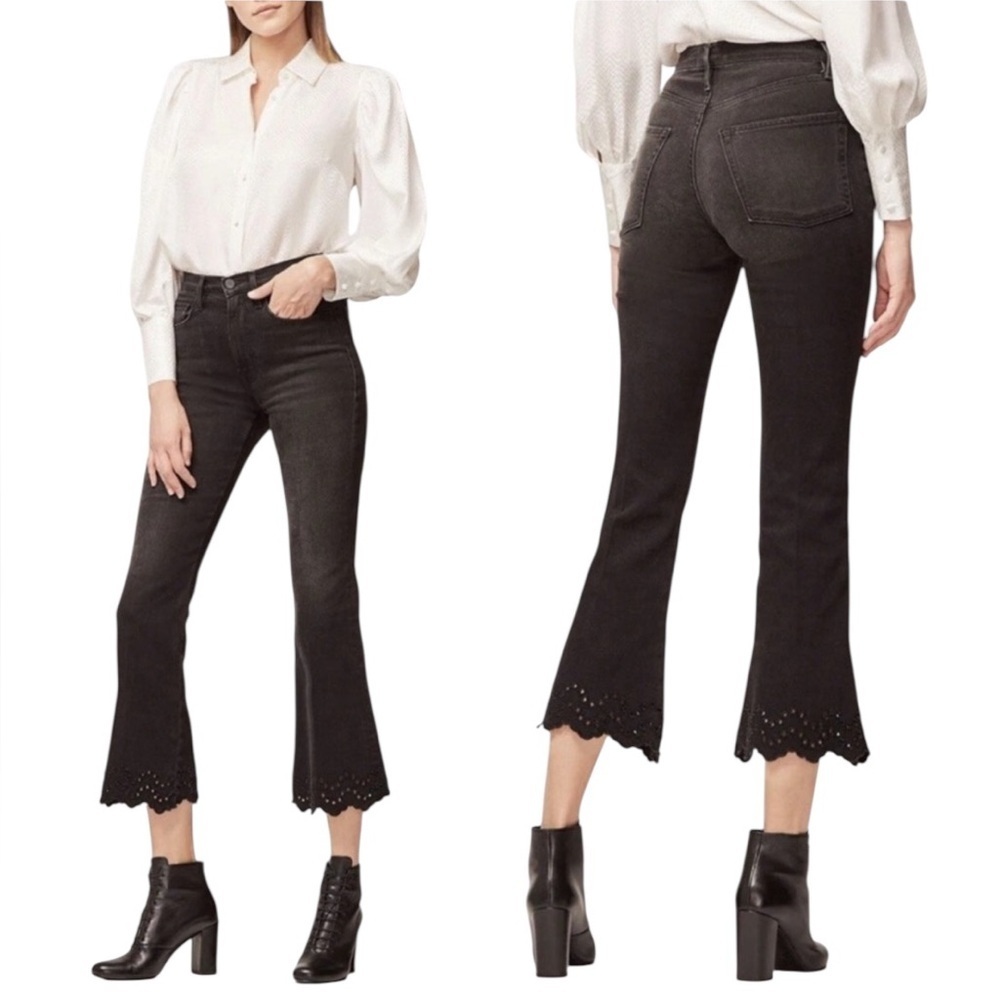 High-Rise Black Cropped Flare Jeans with Scallop Hem